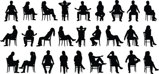 Silhouette illustration of diverse people sitting in various poses on chairs, representing relaxation, discussion, waiting, lifestyle, conversation, and body language © MdFiroz