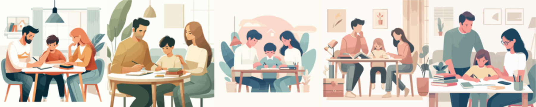 Vector of Parents Teaching Kids at Home