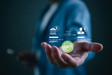 Secure digital payment, bank transfer. financial transaction interface with bank, user, and shield protection icon, symbolizing fintech security, safe online banking, trusted money exchange.