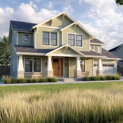 Beautiful contemporary two-story house with large windows, porch, and landscaped yard in a suburban neighborhood setting