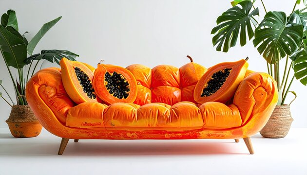 Surreal orange sofa with papaya halves, against white backdrop, plants around