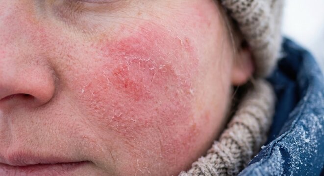 Macro shot of windburned red cheeks on woman in winter