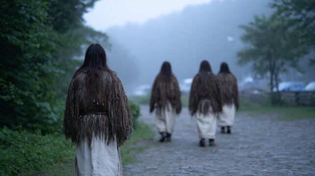 Traditional Bulgarian Kukeri Masquerade Ritual at Dawn in Village with Shaggy Costumes and Bells