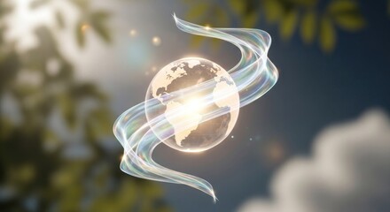 A glowing, ethereal globe with swirling light trails against a blurred, natural background with leaves and sunlight.
