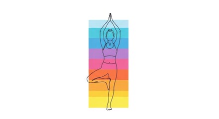 A woman in a colorful yoga pose on a rainbow-colored yoga mat against a white background.