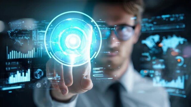 Navigating Innovation: A focused professional interacts with an interactive touch screen, symbolizing advancement, technology, and futuristic concepts.