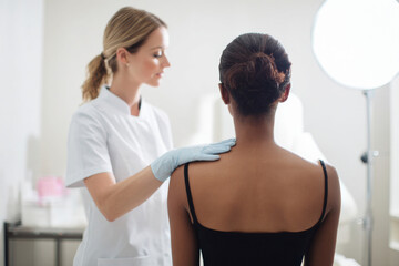 Fototapeta premium esthetician consulting client about blackhead treatment, both figures photographed from behind, clean beauty salon interior, bright neutral tones, professional atmosphere, medium composition