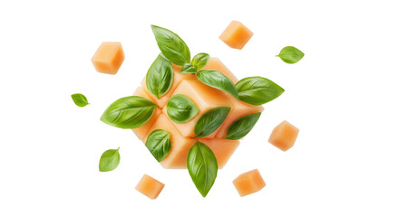 Fresh Cantaloupe Cubes and Basil Leaves Arranged Artfully on White Background