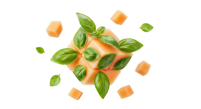 Fresh Cantaloupe Cubes and Basil Leaves Arranged Artfully on White Background