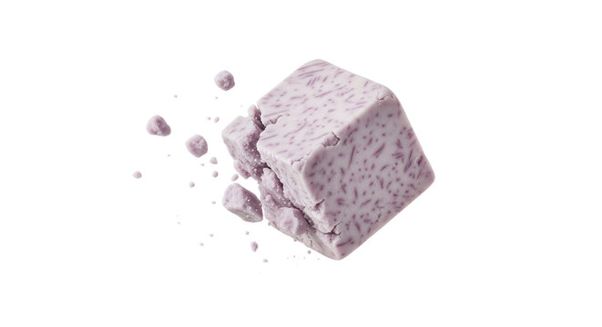 Crumbled taro cube with purple flecks, isolated on white background, food ingredient