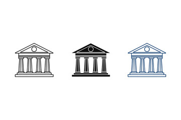 Naklejka premium Three classic ancient Greek or Roman temple facades in black, white and blue colors, illustration, architecture icons.