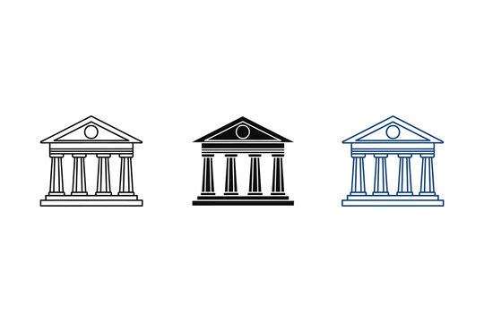 Three classic ancient Greek or Roman temple facades in black, white and blue colors, illustration, architecture icons.