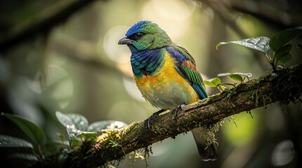Obraz premium Vibrant Exotic Tropical Bird Perched on Mossy Branch in Lush Green Forest Close-Up