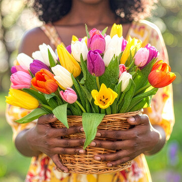 チューリップ Tulips 203 Close-up of a Woman in a Floral Dress Holding a Basket of Colorful Tulips in Spring Sunlight（春の光の中で色鮮やかなチューリップのバスケットを抱える花柄のワンピースを着た女性）