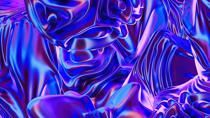 An artistic 3d flow of liquid blue and purple waves creates a textured silk wallpaper design with a swirling satin pattern and light flowing lines for an abstract backdrop