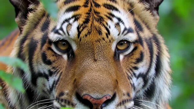 Intense closeup on a tiger's face, featuring piercing eyes and distinctive stripes