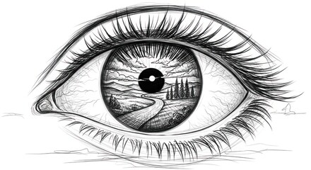 Fototapeta premium A detailed black and white illustration of a human eye with a landscape inside, set against a white background with a subtle gradient.