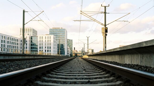 Urban railway tracks stretch endlessly into the horizon, surrounded by modern architectural buildings and intricate electric overhead power line infrastructure.