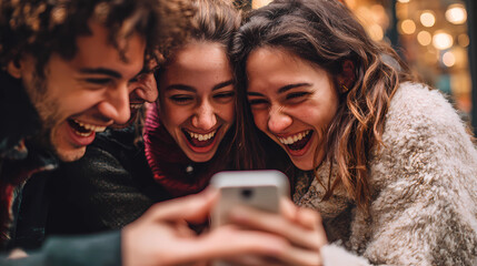 Fototapeta premium A group of friends huddled over a smartphone laughing and pointing at the screen, Generative AI illustrations.