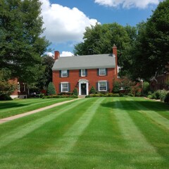 Charming Red Brick House Surrounded by Lush Greenery and Beautiful Landscape Under a Blue Sky with Fluffy Clouds