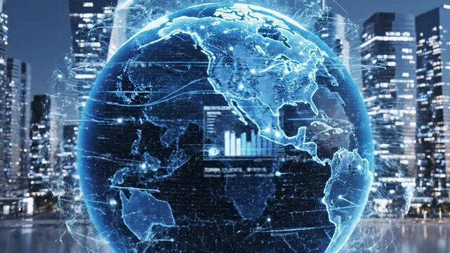 Digital globe with data streams in a modern city at night