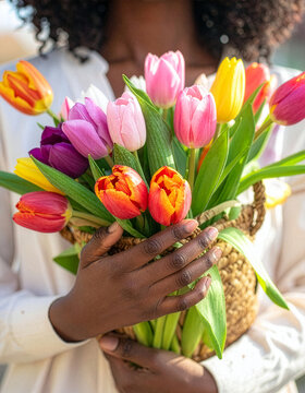 チューリップ Tulips 209 Close-up of a Person Holding a Wicker Basket of Colorful Tulips in Spring Light（春の光の中で色鮮やかなチューリップのバスケットを抱える人のクローズアップ）