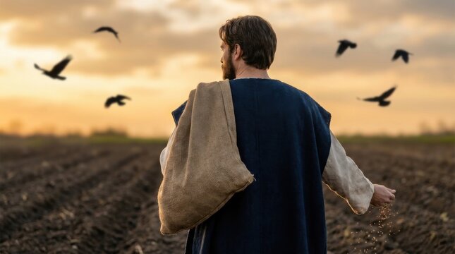 Man sowing seeds in a field at sunset, parable of the sower concept. Biblical times and ancient agriculture. Farming in old testament.