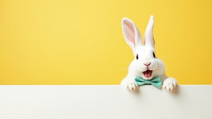 Obraz premium Happy White Easter Bunny Wearing Colorful Polka Dot Bow Tie Peeking Over Blank Horizontal Banner with Copy Space on Vibrant Yellow Background
