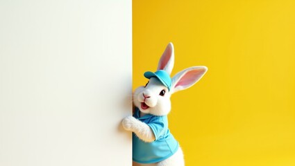 Obraz premium Cheerful White Easter Bunny Wearing Blue Cap and Shirt Peeking Behind Large White Blank Banner Mockup on Vibrant Yellow Background for Festive Delivery and Service Marketing