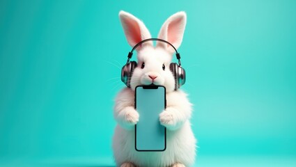 Fototapeta premium Adorable White Easter Bunny Wearing Modern Headphones Holding Smartphone Mockup with Blank Screen on Vibrant Turquoise Background for Music and Audio App Promotion