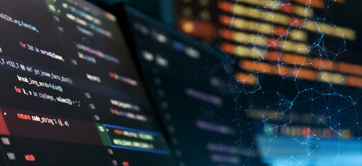 Abstract Software Code Diff Screen with Digital Network Mesh Overlay and Cyber Technology Programming Background