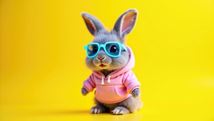 Fototapeta premium Trendy Grey Easter Bunny Wearing Pastel Pink and Blue Hoodie with Colorful Sunglasses on Vibrant Yellow Background, Cool Spring Character Concept