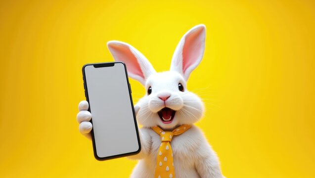 Cheerful White Easter Bunny Mascot Wearing Yellow Polka Dot Tie Holding Smartphone Mockup with Blank Screen on Vibrant Yellow Background
