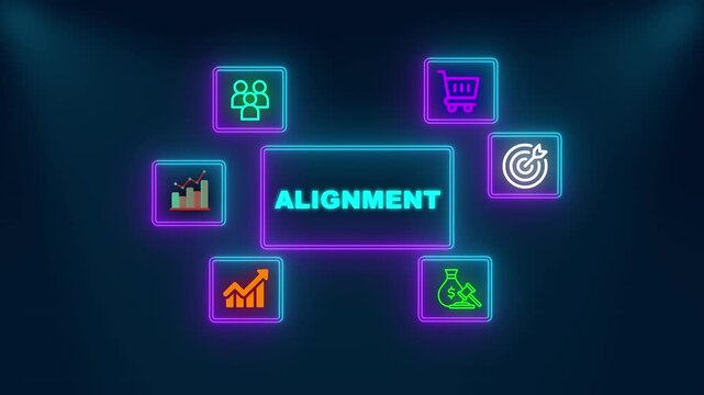 Professional business alignment infographic with together text neon icons representing teamwork commerce strategy analytics financial growth global markets success