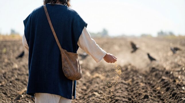Man sowing seeds in a field. Parable of the sower in bible times. Religious illustration for Christian and biblical educational material.