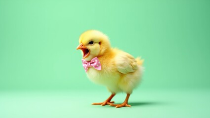 Fototapeta premium Cheerful Easter Yellow Baby Chick Wearing Pink Polka Dot Bowtie Singing with Open Beak on Minimalist Green Background for Spring Holiday Marketing