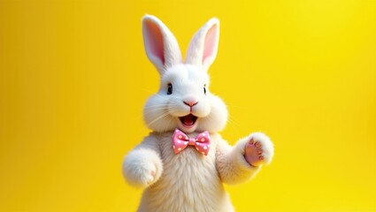 Obraz premium Happy White Easter Bunny Wearing Pink Polka Dot Bow Tie Waving Hand on Vibrant Yellow Background, Cheerful Mascot Character Portrait