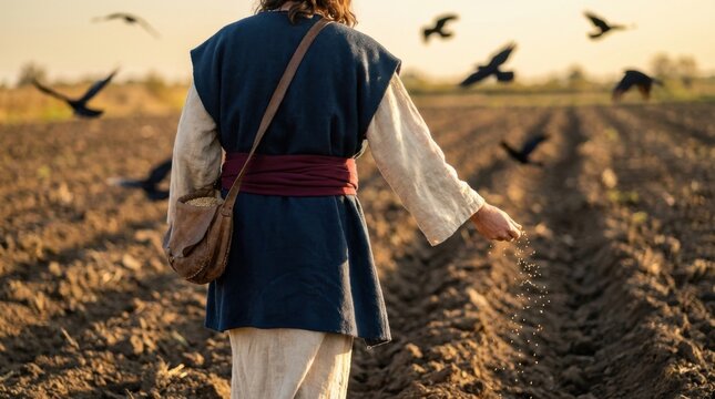 Man as sower scattering seed on barren ground with birds flying around. Concept of parable of the sower for religious teaching and Bible study.