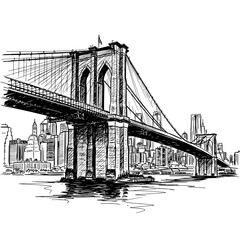 Hand drawn sketch of a bridge and city over a river