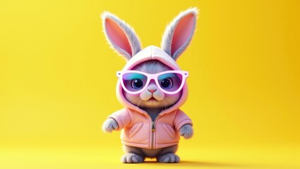 Fototapeta premium Trendy Grey Easter Bunny Wearing Pastel Pink and Blue Hoodie with Colorful Sunglasses on Vibrant Yellow Background, Cool Spring Character Concept