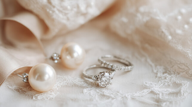 premium wedding jewelry flat lay with diamond engagement ring, luxury bridal accessories with pearl earrings on lace fabric, elegant wedding rings and jewelry for bride