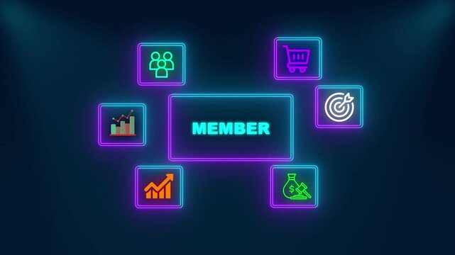 Professional business member infographic with together text neon icons representing teamwork commerce strategy analytics financial growth global markets success