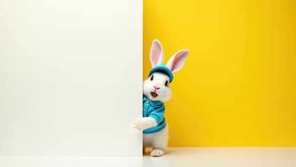 Obraz premium Cheerful White Easter Bunny Wearing Blue Cap and Shirt Peeking Behind Large White Blank Banner Mockup on Vibrant Yellow Background for Festive Delivery and Service Marketing