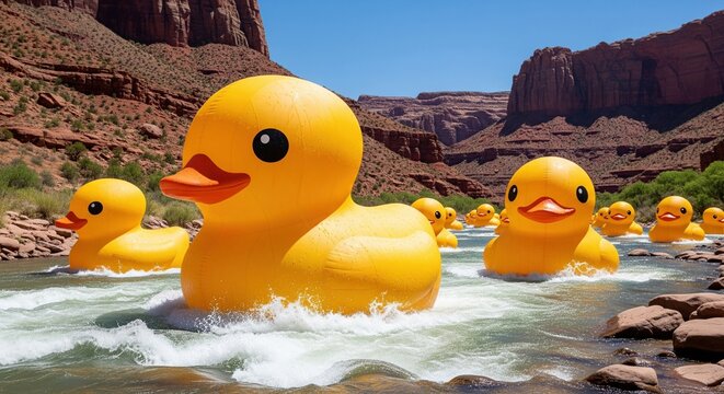 Giant yellow inflatable rubber ducks rafting on fast river water in sunny desert canyon