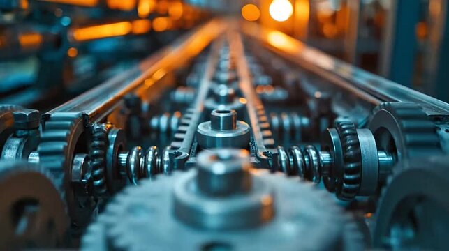Intricate industrial machinery gears, shafts, conveyor belt, with warm background bokeh