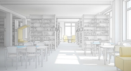 Modern Library Interior With Bookshelves and Seating Areas. © Arga