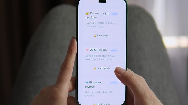 Close-up of hands navigating a dark web style interface offering illicit data exfiltration and password cracking. High-impact visual for news reports on cybercrime, data breaches, and digital