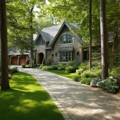 Obraz premium Modern Stone House Surrounded by Lush Green Landscape in a Forest Environment