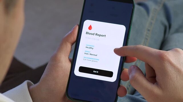 High-quality footage of a patient viewing lab reports on a smartphone. Modern interface shows positive diagnosis and iron results. Ideal for wellness apps, mHealth services, and pharmaceutical
