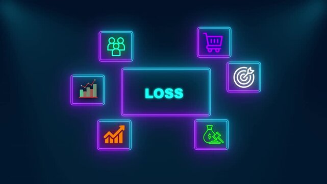 Professional business loss infographic with together text neon icons representing teamwork commerce strategy analytics financial growth global markets success